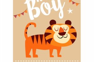 Baby shower invitation with a smiling tiger