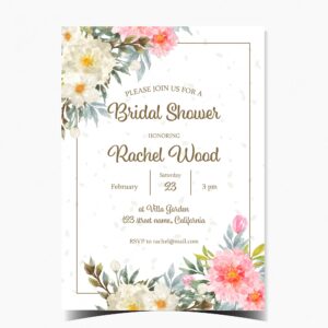 Beautiful bridal shower invitation card with white and pink flowers