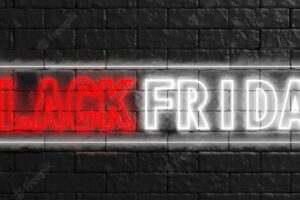 Black friday in red and white neon letters on black stone wall background 3d illustration