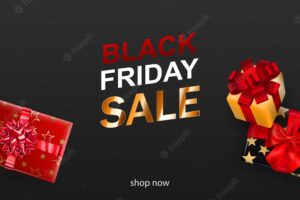 Black friday sale banner. gift box with bow and ribbons on dark background. vector illustration for posters, flyers or cards.