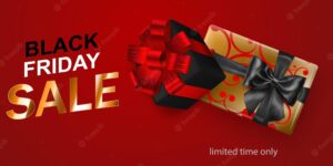 Black friday sale banner gift box with bow and ribbons on red background vector illustration for posters flyers or cards