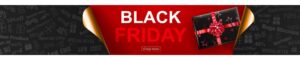 Black friday sale banner in red, black and golden colors. inscription and gift box on dark background. curled paper corners. vector illustration for posters, flyers, cards