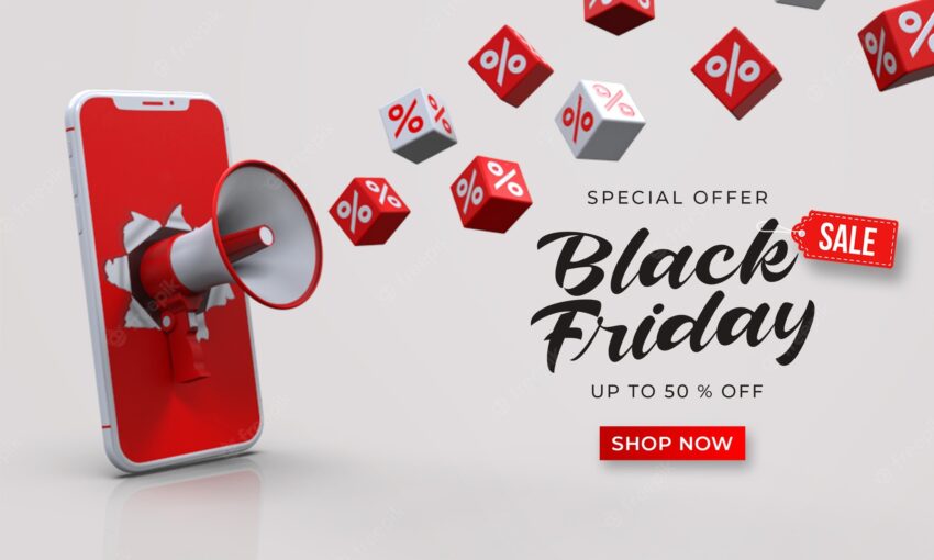 Black friday sale banner template with 3d megaphone out of the smartphone and cubes with percent