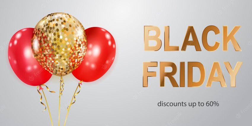 Black friday sale banner with red and golden balloons on white background. vector illustration for posters, flyers or cards.