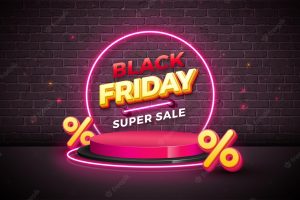 Black friday sale illustration with 3d lettering and glowing neon light on brick wall background