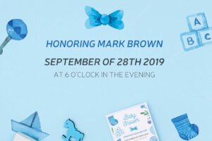 Blue baby shower invitation with decorations