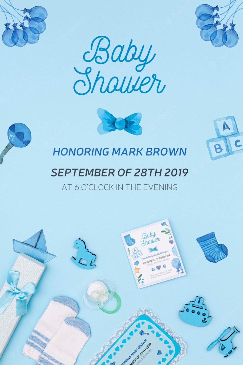 Blue baby shower invitation with decorations