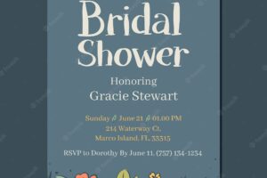 Blue bridal shower invitation with hand-drawn flowers