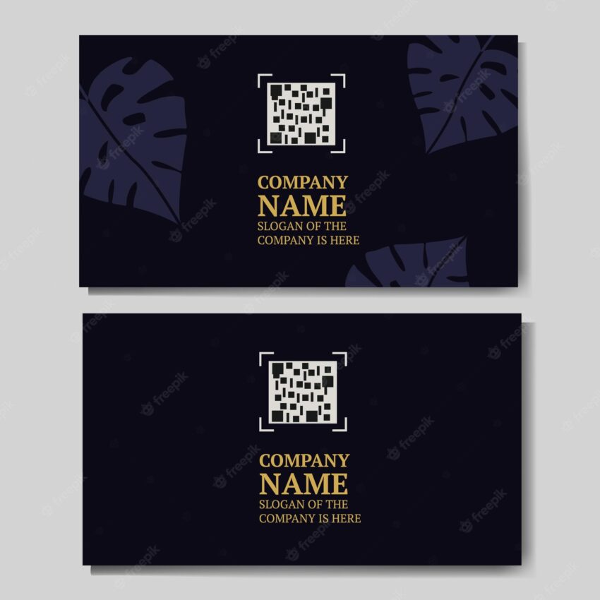 Blue business cards with monstera leaves with a place for a qr code for your company or brand