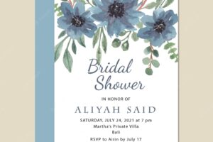 Blue florals watercolor bridal shower invitation card template premium vector