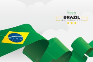 Brazil national day greeting banner with waving national flag on white cloud vector illustration