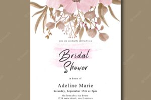 Bridal shower card with floral decoration and watercolor brush effect