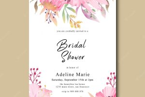 Bridal shower card with watercolor pink flowers