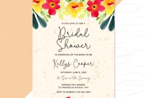 Bridal shower invitation card template with romantic flower watercolor