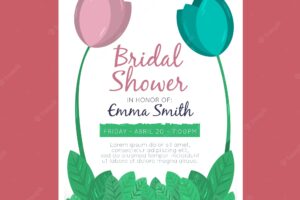 Bridal shower invitation template with blue and pink flowers