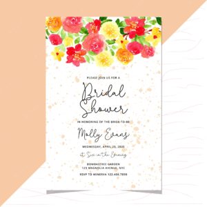 Bridal wedding invitation card template with floral border watercolor