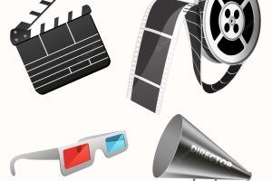 Camera cinema stereo glasses clapper and megaphone for film production vector realistic pictures