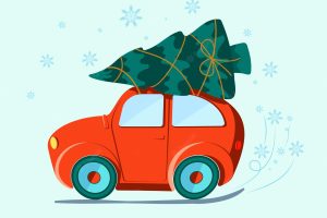 A car with a christmas tree traditional flat elements vector illustration