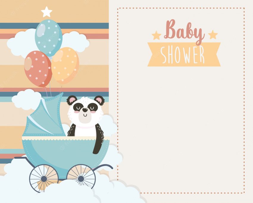 Card of cute panda in the carriage and balloons