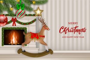 Christmas background with fireplace and rocking horse. christmas greeting card