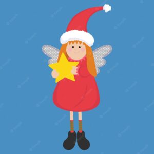 Christmas character of angel in red dress with gold star in hands