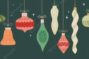 Christmas glass baubles on strings vintage balls and retro decor flat vector illustration