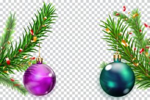 Christmas pine branches decorated with hanging colored balls and pieces of serpentine isolated on transparent background