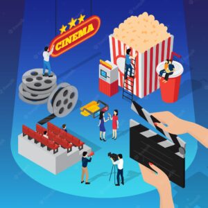 Cinema 3d isometric composition with human figures shooting movie sitting on beverage cup and hanging sign