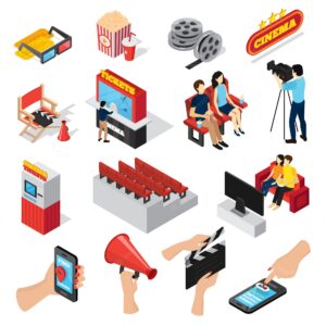 Cinema 3d isometric set of isolated ticket office seats people popcorn and smartphone ticketing app icons