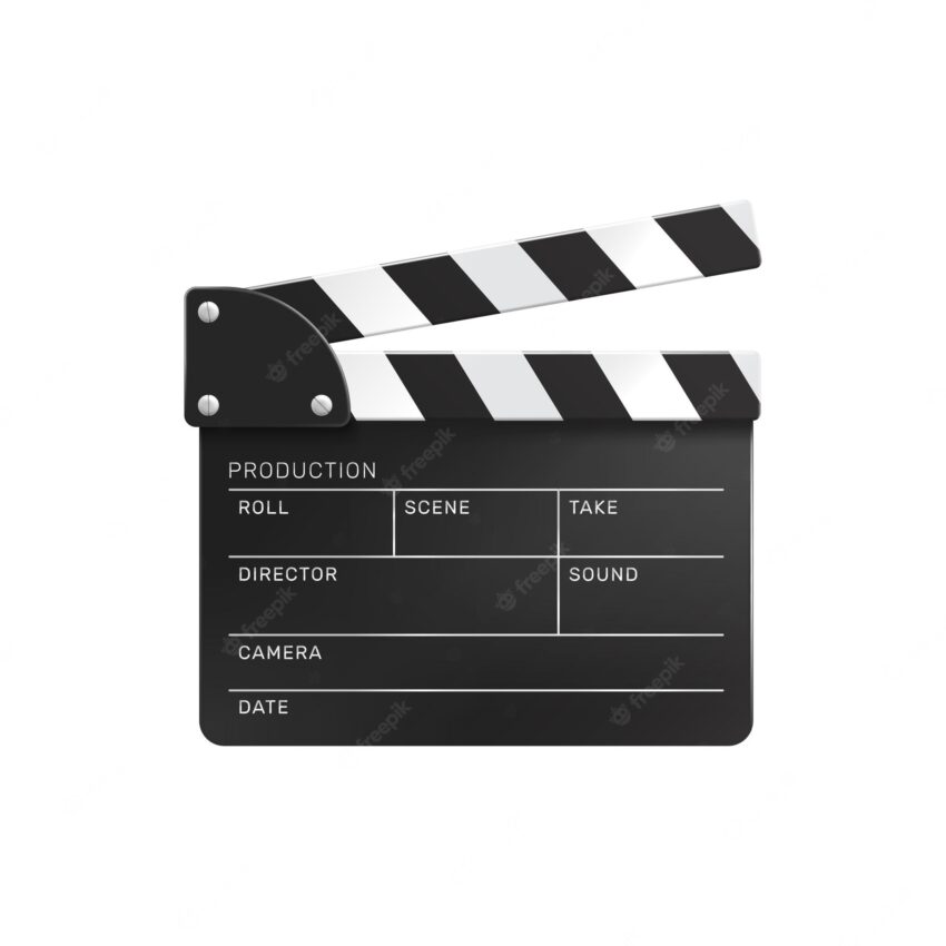 Cinema film production realistic transparent composition with isolated image of clapper with empty fields vector illustration