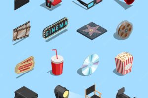 Cinema movie accessories isometric icons collection
