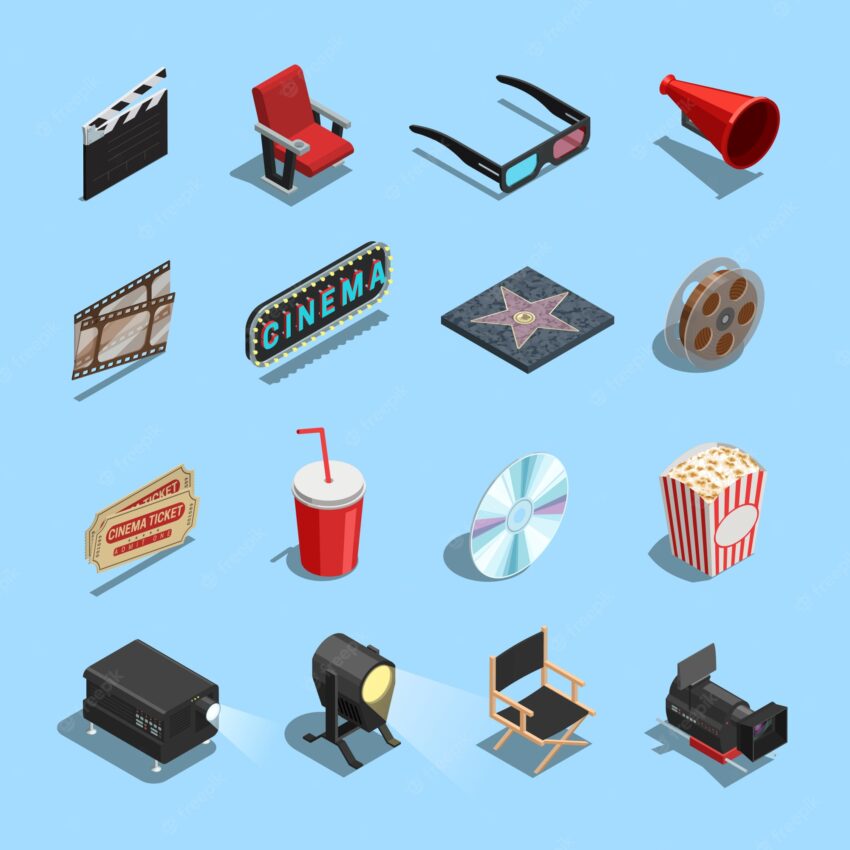Cinema movie accessories isometric icons collection