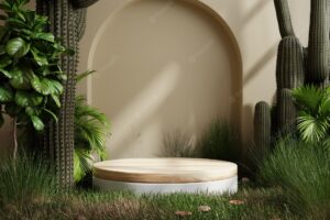 Circle wood podium in tropical forest for product presentation and cream color background