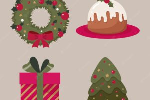 Collection of cartoon christmas elements fir wreath gift christmas cake and christmas tree