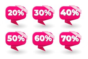 A collection of discount labels with a pink banner