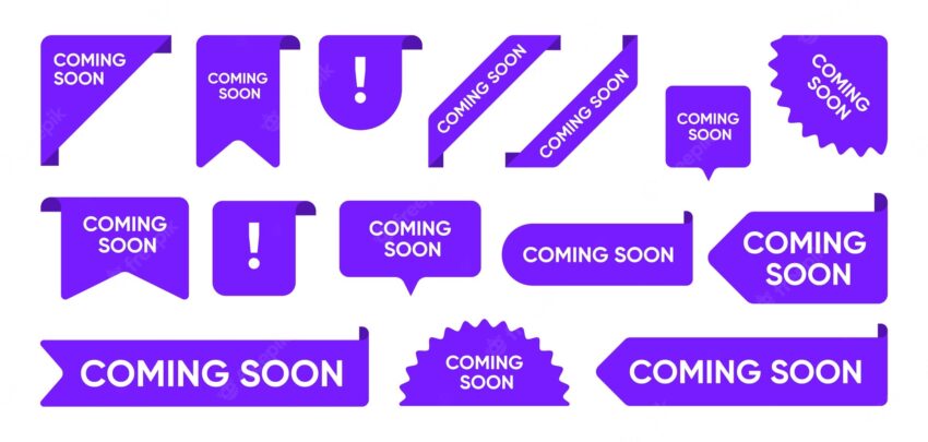 Coming soon flat promo banners set. bright grand sale and new arrival corners, stickers and tag labels  vector illustration collection. ribbon signs and buttons concept