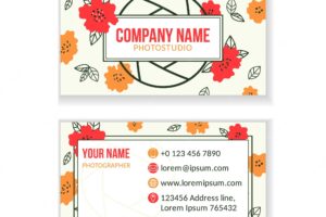 Creative business card temolate with diaphragm and flowers for a photographer in flat style