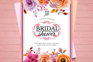 Cute bridal shower invitation with orange and purple flowers