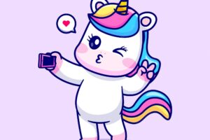 Cute unicorn taking selfie with phone cartoon vector icon illustration. animal technology isolated
