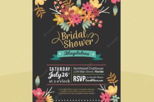 Dark bridal shower invitation with colored flowers