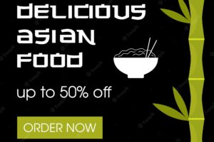 Delicious asian food post template for social media advertising black square banner
