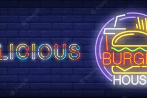 Delicious burger house neon sign. french fries, coke and tasty burger.