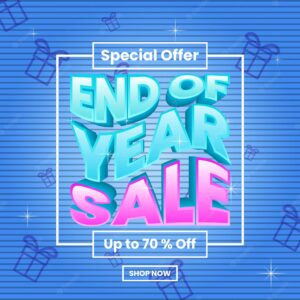 End of year sale design for ppromotion. simple and modern with wave and 3d text effect