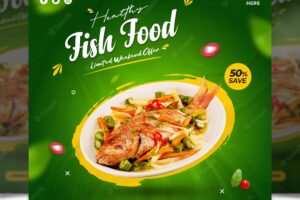 Fish food menu and restaurant social media banner template