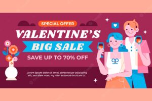 Flat sale banner template for valentines day celebration