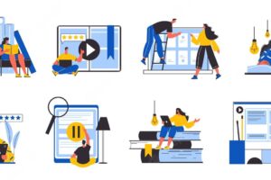 Flat set of icons with human characters reading books in online library isolated vector illustration