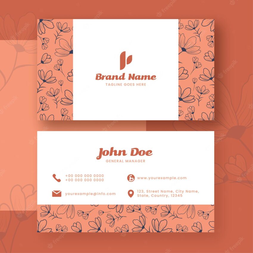 Floral business card template design in white and orange color.