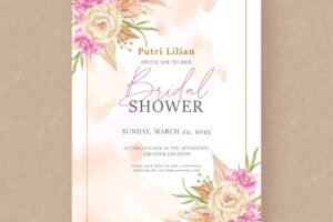 Floral corner arrangement with splash watercolor on bridal shower invitation card