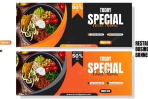 Food menu banner design in orange and black color restaurant business banner design suitable for social media banner or web banner