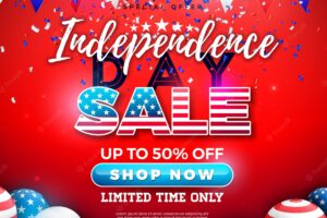 Fourth of july independence day sale banner design with american flag pattern party balloon